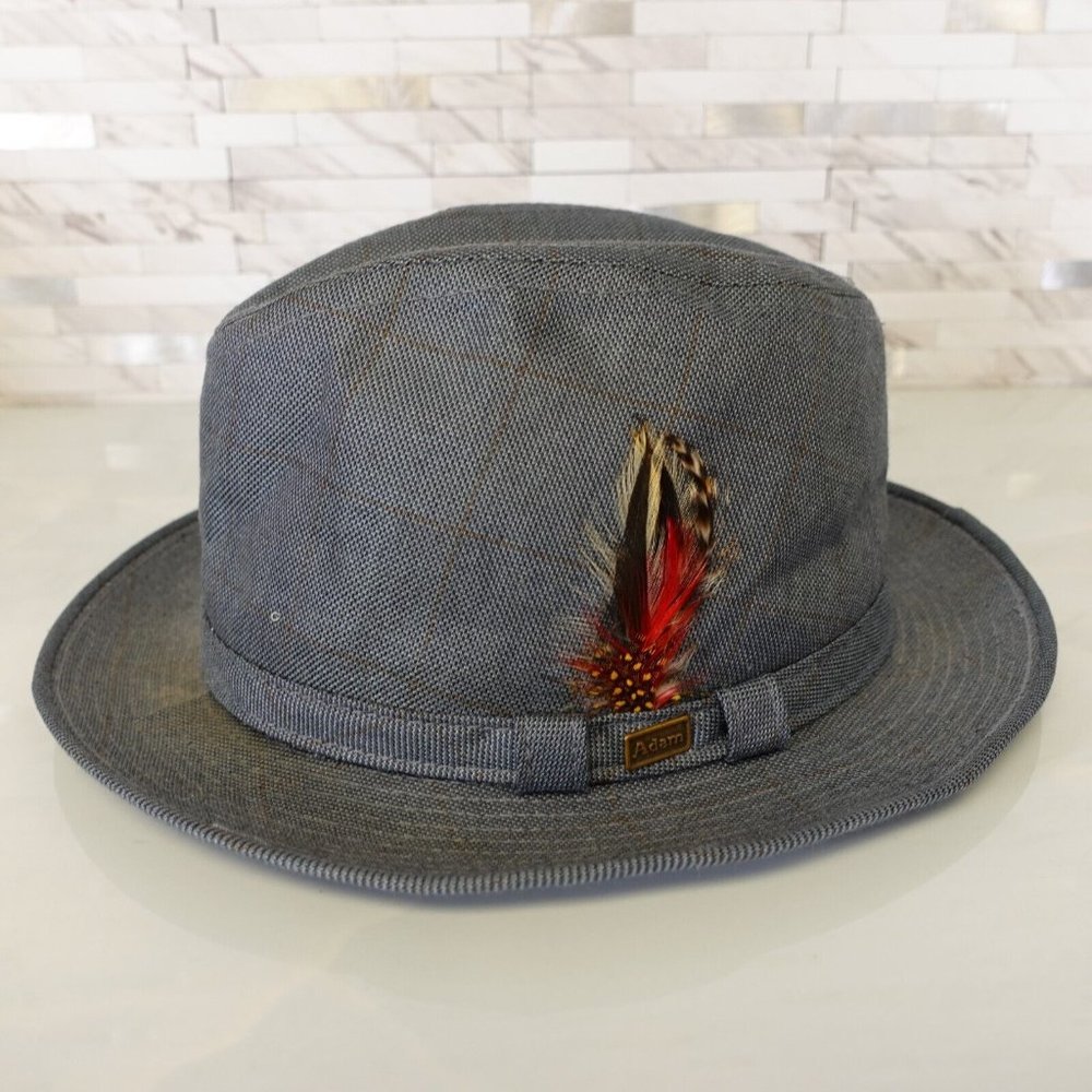 Adams Hats Mens Size Medium Wool Crushable Fedora Feather Gray Tweed Vintage USA